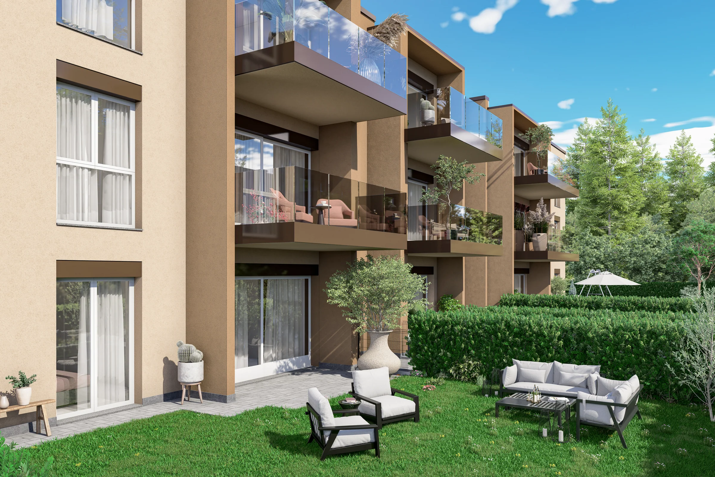 Residential building garden perspective render