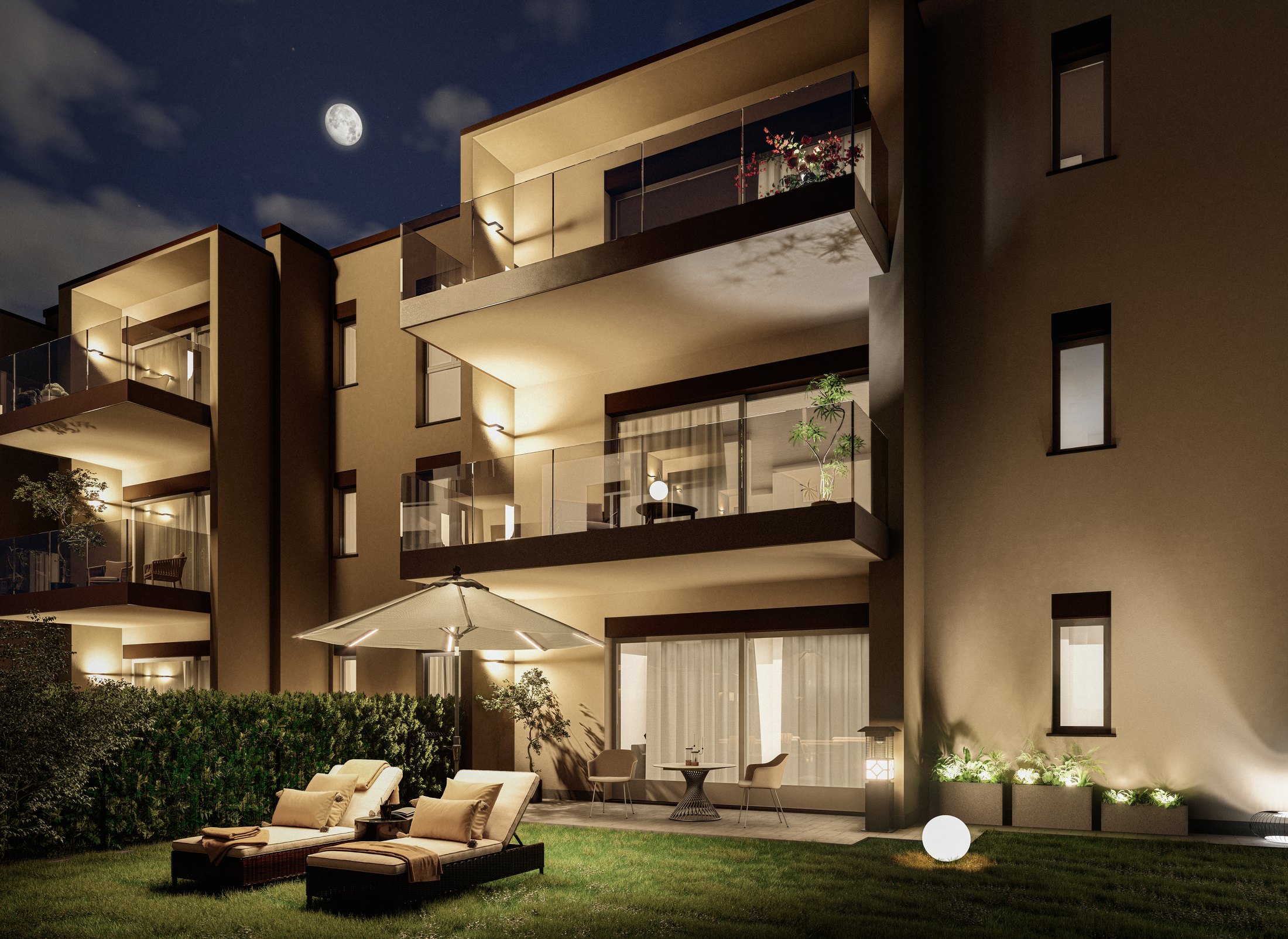 Residential building exterior, night architectural render